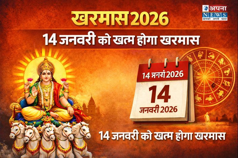 kharmas 2026 का ग्राफिक जिसमें 14 जनवरी को खरमास समाप्त होने की जानकारी दी गई है